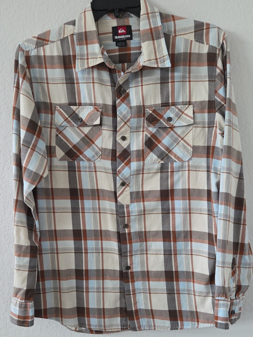 Quiksilver Men’s Plaid Button-Down Shirt Cream Brown Blue Large Fall Cotton